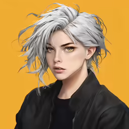 a girl with gray hair and black shirt with yellow background