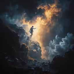 a man standing on top of a mountain surrounded by clouds