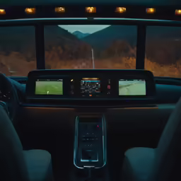 inside view of cars with dashboard, back seats and three monitors