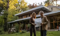 two people standing next to a large house