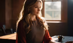 the lady looks down and waits to meet someone in her room