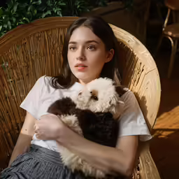 a girl sitting in a wicker chair holding a teddy bear