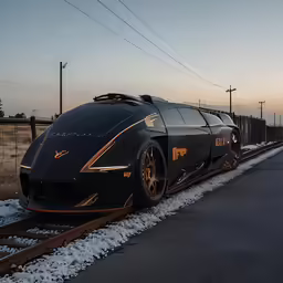 a black train car with orange letters sitting on a track