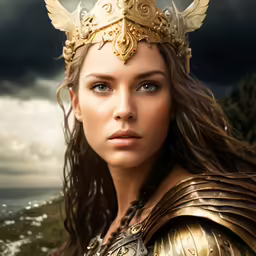 a woman with long, wavy hair wearing a costume of gold