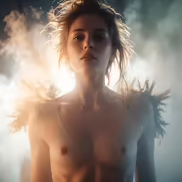 a naked girl is posing while smoke surrounds her