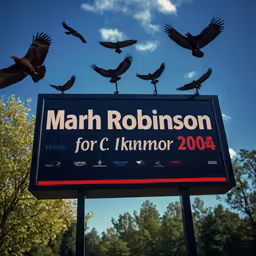 a political billboard on a pole with birds flying over it