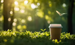 a cup sitting on top of a lush green field