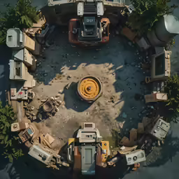 an overhead view of many different machines and trucks