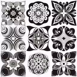 nine flower designs in varying shapes,a collection of black and white circular patterns