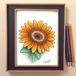 a drawing of a flower in a brown frame,a sunflower is shown in a frame next to two colored pencils,a watercolor picture in an open frame with some colored pencils,there is a picture of an orange sunflower on the wall,a drawing of a sunflower in a frame with markers