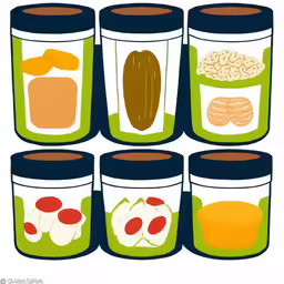the jars with the different foods are labeled in