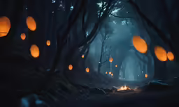 lanterns floating in the air above a forest