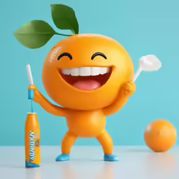a orange with green leaves on it has toothbrush and gum in his hand