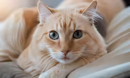 an orange cat with big eyes lying on a bed