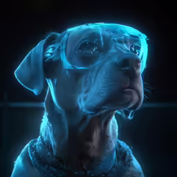 a dog wears glasses while wearing a light blue collar