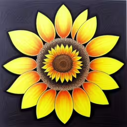 a painting of a yellow sunflower in color,an acrylic sunflower on black painted canvas