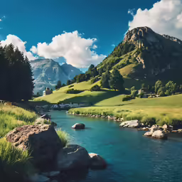 a river with water running through a lush green valley