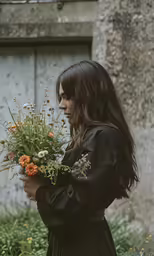 a woman holding flowers is standing outside by a stone wall