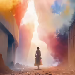 a woman stands in the middle of a dark and colorful alley with firework and smoke coming from the sides