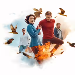 the poster shows three people standing in front of a fire and flying birds