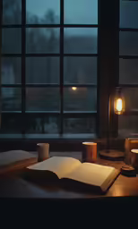 an open book and cup sitting on top of a wooden desk
