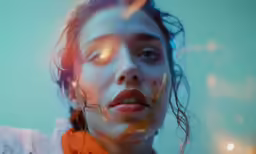 woman in orange and white with blue background