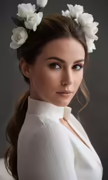a woman with flowers in her hair