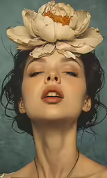 an altered photograph of a woman with flowers on her head