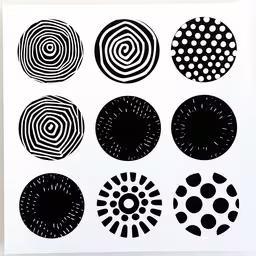 a piece of paper with different type of circles,an abstract black and white pattern with a circle of circles