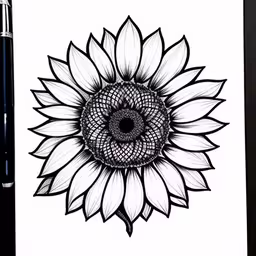 a drawing of a sunflower on white paper with black ink