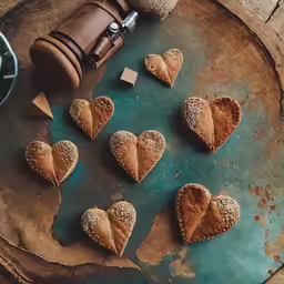 heart shaped pastries laid out on a wood slice