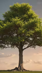 a lone tree with a cow next to it,the green trees have a light dusting on them
