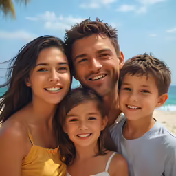 a man and two women standing with children near water