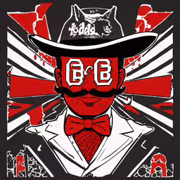 an artistic image of a man with a hat and mustache,the red man has a mustache, a hat and glasses
