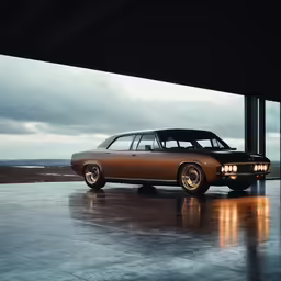 the brown car is parked in front of the building