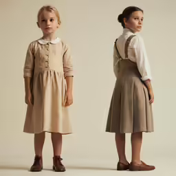 two little girls wearing dresses from the back and the front of their outfits