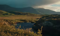 a river and grassy hills in the background