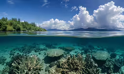underwater landscape view, with corals and tropical island