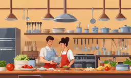 there is a couple cooking at a kitchen counter,the woman and man are cooking together at the counter