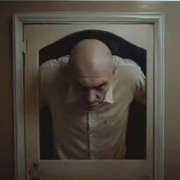an older bald man looks out of the opening of a doorway