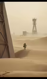 the man is walking around the barren field