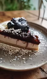 a piece of chocolate cheese cake with chocolate syrup and nuts