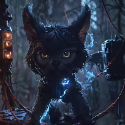 a cat statue is in a strange forest setting