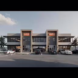 an industrial building with several cars parked outside