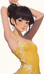 a girl wearing a yellow dress with her hand on her head