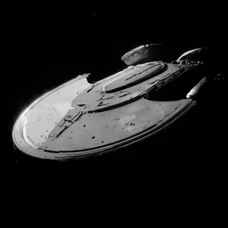 a large space ship is floating in a dark sky