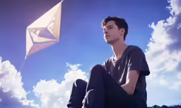 a young man is sitting in front of a kite