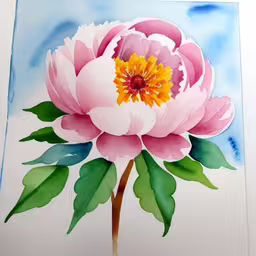 watercolor painting of pink flower on a blue and white background,a painting of a large pink flower on water