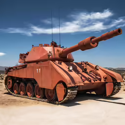 an army tank painted orange and sitting on top of a dirt ground