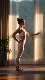 a woman in tight pants is facing a window